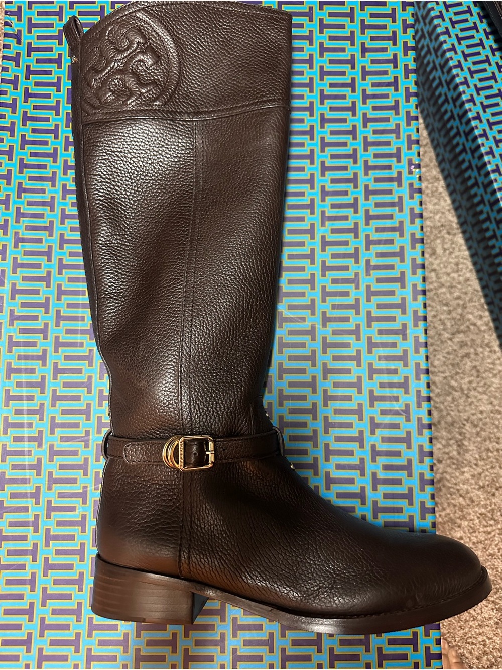 Tory Burch Dark Brown Pebbled Leather Over-the-Knee Boot with Gold Buckle